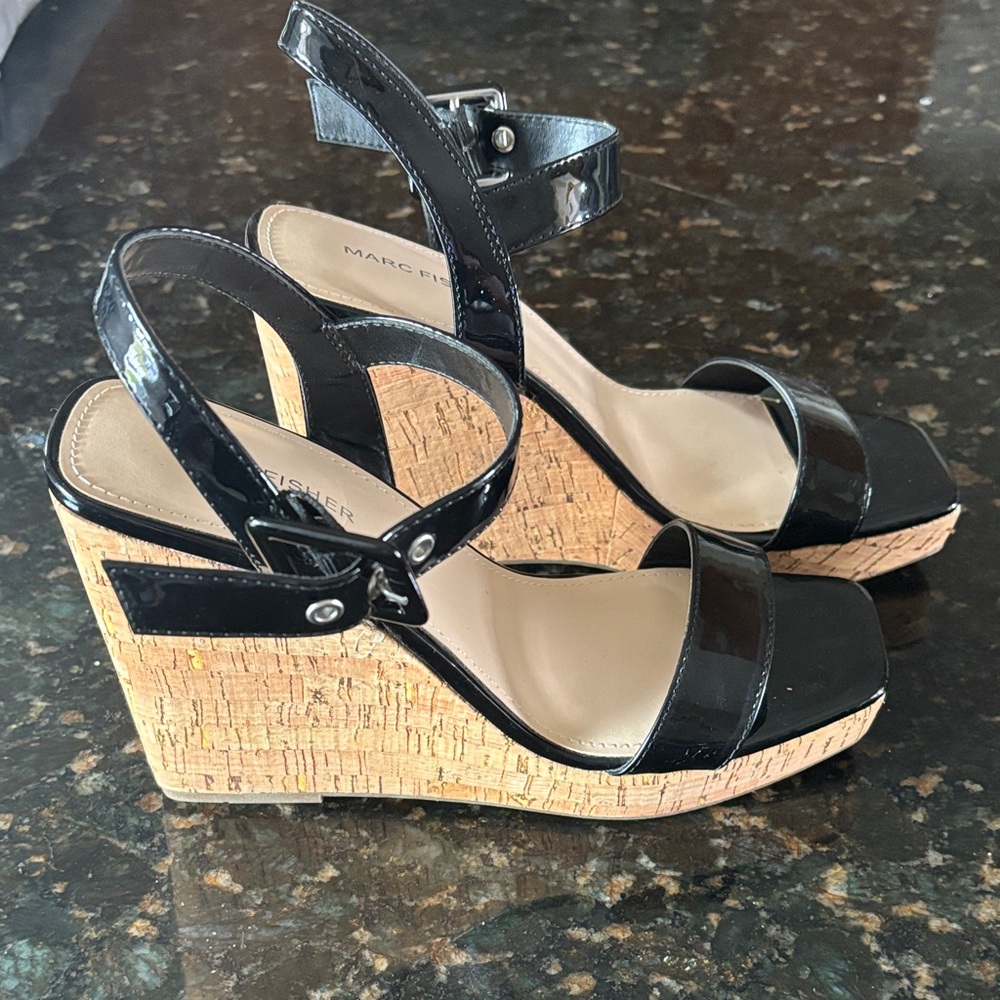 Marc Fisher Black Patent Wedge Sandals